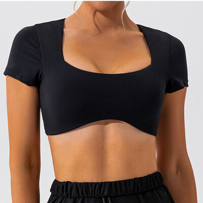 2024 Sutien de fitness cu mânecă scurtă, simplu, rezistent la șocuri, cămașă de yoga cu tiv curbat, slim fit, crop top, cămăși de gimnastică pentru femei, îmbrăcăminte activă