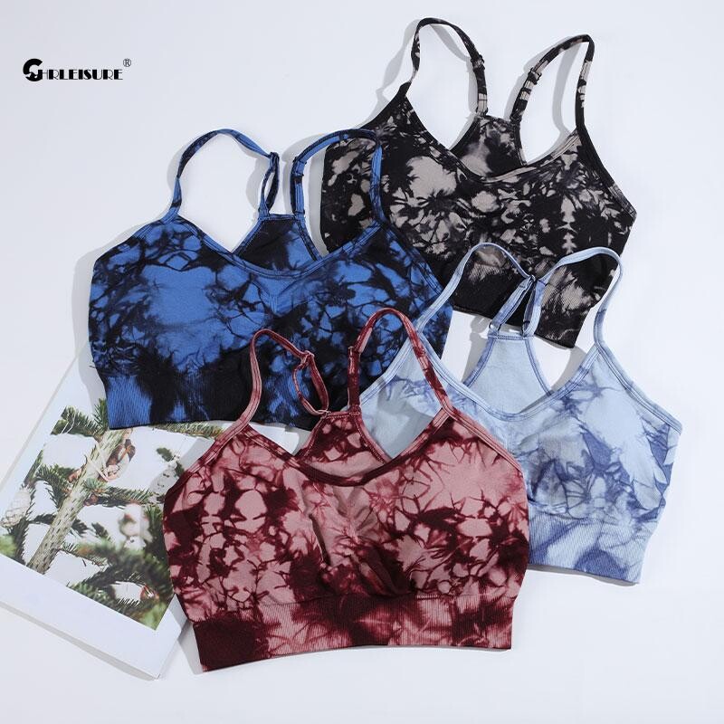 CHRLEISURE Tie Dye Sutien sport Lenjerie de fitness pentru femei cu pernă pentru piept Elastic Slim Antrenament Tank Top Vesta atletică Îmbrăcăminte de gimnastică