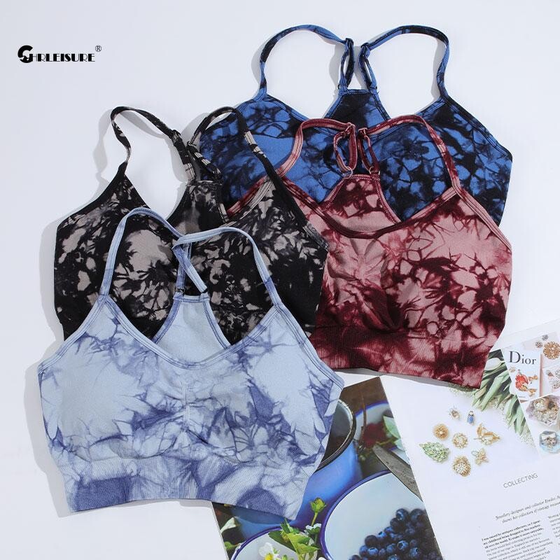 CHRLEISURE Tie Dye Sutien sport Lenjerie de fitness pentru femei cu pernă pentru piept Elastic Slim Antrenament Tank Top Vesta atletică Îmbrăcăminte de gimnastică