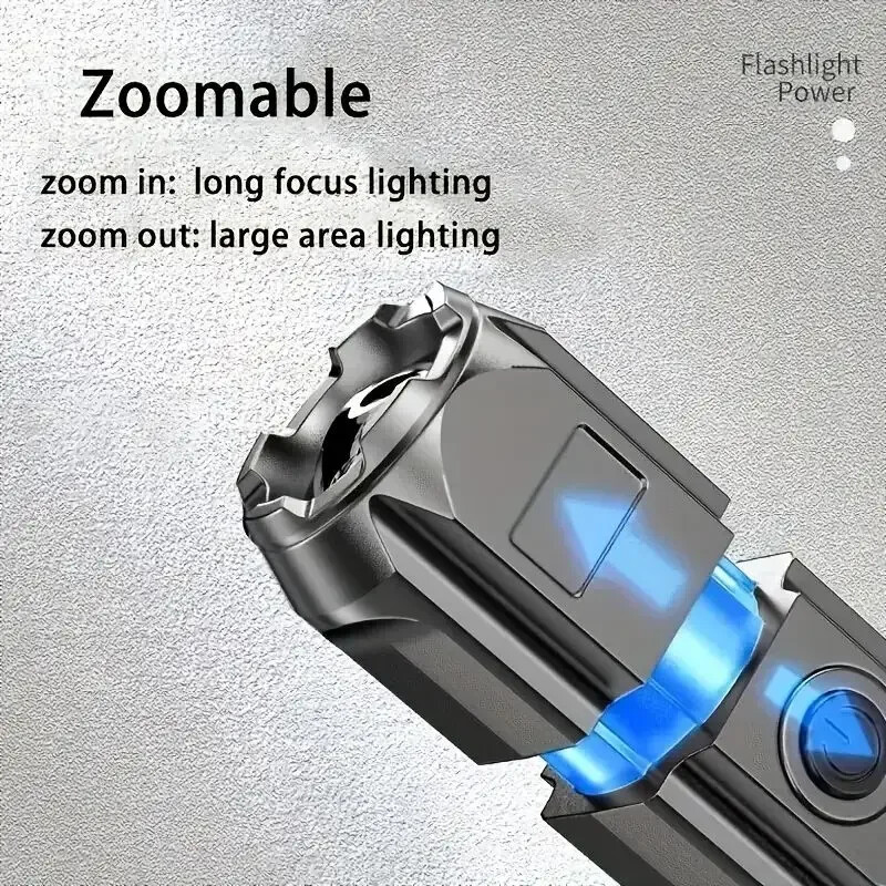 Lanternă super luminoasă, cu zoom, lumină LED, lanternă portabilă reîncărcabilă prin USB, rezistentă la apă, 3 moduri, impermeabilă pentru camping în aer liber
