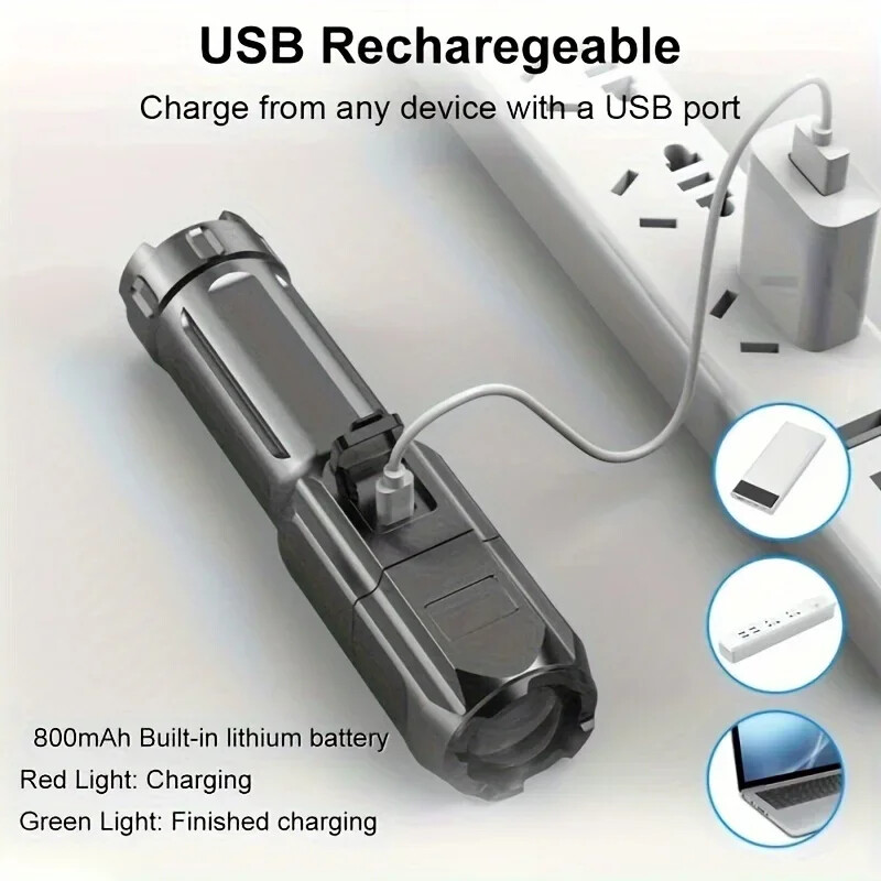 Lanternă super luminoasă, cu zoom, lumină LED, lanternă portabilă reîncărcabilă prin USB, rezistentă la apă, 3 moduri, impermeabilă pentru camping în aer liber