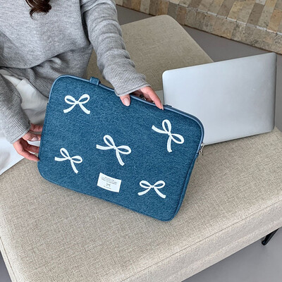 Bowknot Heart Denim Laptop Kézitáska Ujjtáska Macbookhoz Ipad Prohoz Thinkpadhoz Lenovo HP Dell Notebook PC Számítógép Tablet