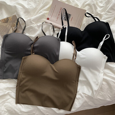 Дамски Push Up Crop Top Секси спагети с презрамки, потник без ръкави, памучно бюстие с подплънки, летен еднокомпонентен леден копринен корсет, ками