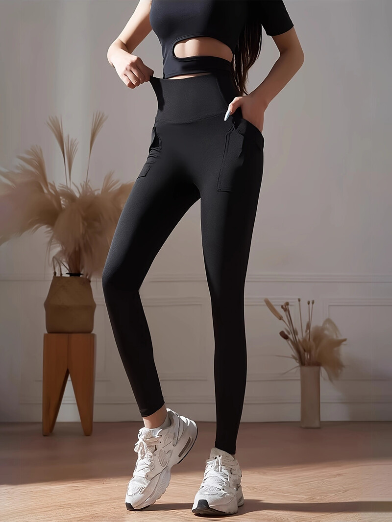 Legíny s vreckami pre ženy - Nohavice na jogu s vreckami, Mäkké nohavice na cvičenie s vysokým pásom, ktoré sťahujú bruško, nepriehľadné