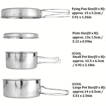 Комплект съдове за къмпинг на открито, купа за къмпинг от неръждаема стомана, комплект тенджери за открито, туризъм, раница, готвене, пикник