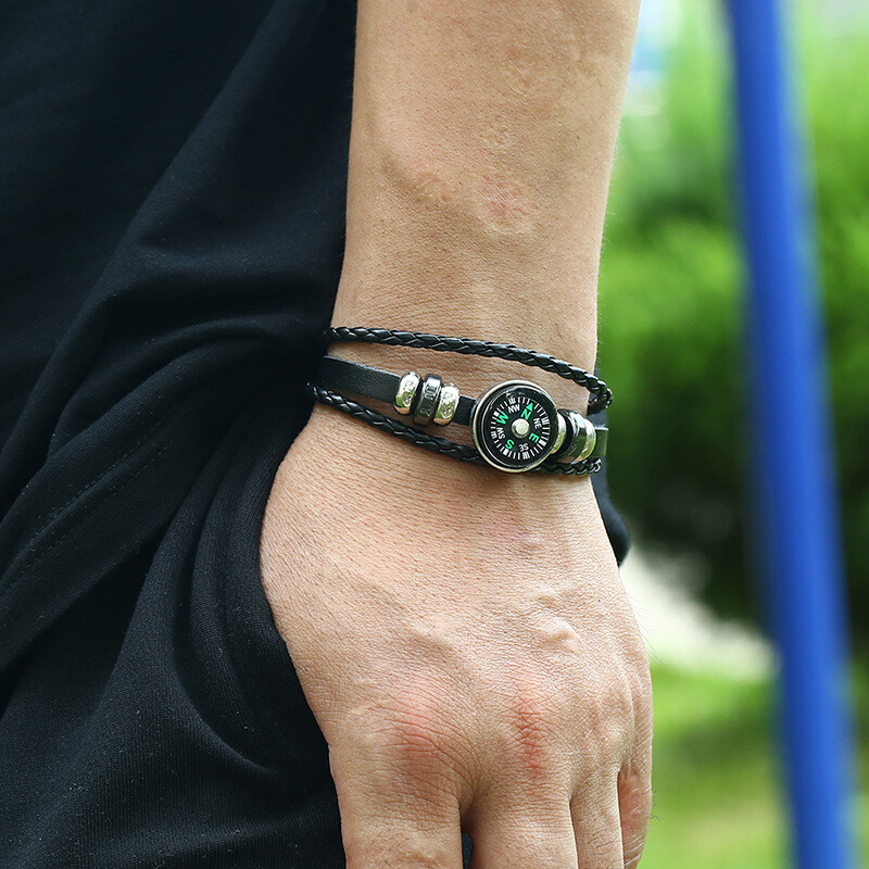 Busolă de mână tactică Instrument de camping în aer liber Aventura de supraviețuire Drumeții Echipament de turism Pescuit Vânătoare Echipament de brățară țesut PU