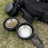 Φορητό μπολ τροφής για σκύλους γάτας με πόρπη σε σχήμα D από ανοξείδωτο χάλυβα Διπλό μπολ Μπολ Νερού Υπαίθριο Κάμπινγκ Προμήθειες διατροφής κατοικίδιων