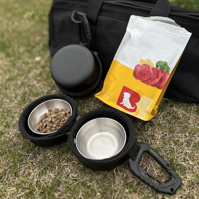 Φορητό μπολ τροφής για σκύλους γάτας με πόρπη σε σχήμα D από ανοξείδωτο χάλυβα Διπλό μπολ Μπολ Νερού Υπαίθριο Κάμπινγκ Προμήθειες διατροφής κατοικίδιων