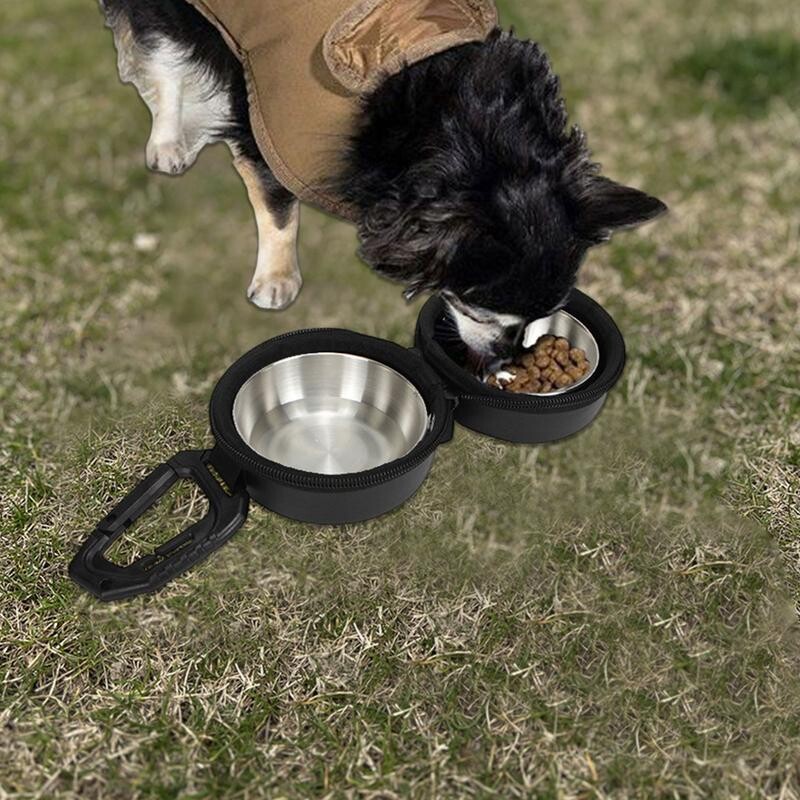 Φορητό μπολ τροφής για σκύλους γάτας με πόρπη σε σχήμα D από ανοξείδωτο χάλυβα Διπλό μπολ Μπολ Νερού Υπαίθριο Κάμπινγκ Προμήθειες διατροφής κατοικίδιων