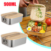 900ML Κάμπινγκ Bento Box Ξύλινο καπάκι Κουτί φαγητού από ανοξείδωτο ατσάλι Bento Box Υπαίθριο ψάρεμα για πικ-νικ Κουτί μεσημεριανού γεύματος Μπάνκα κοπής κατσαρόλας