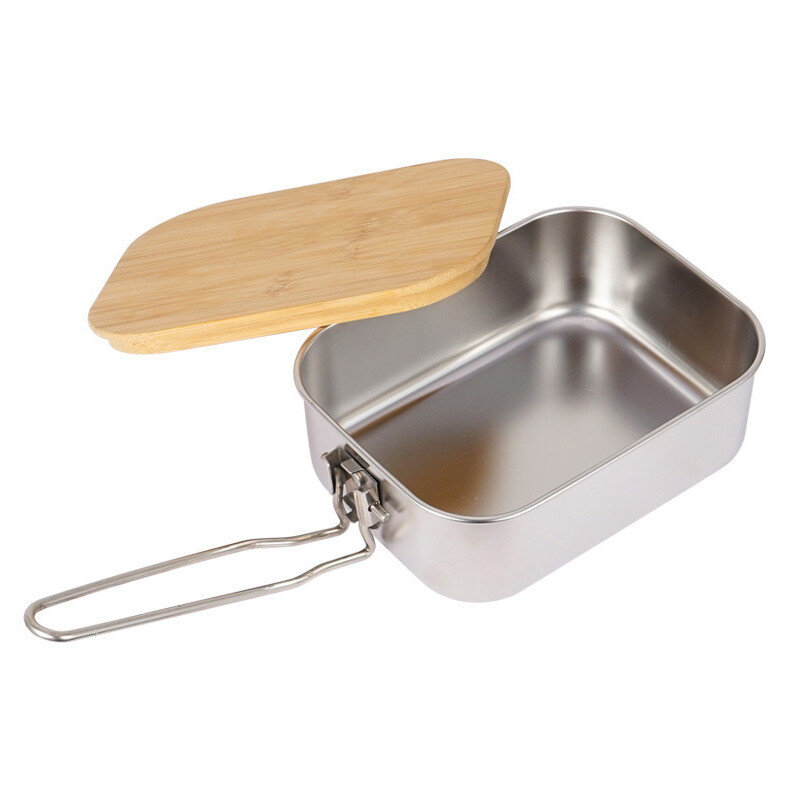 900ML Κάμπινγκ Bento Box Ξύλινο καπάκι Κουτί φαγητού από ανοξείδωτο ατσάλι Bento Box Υπαίθριο ψάρεμα για πικ-νικ Κουτί μεσημεριανού γεύματος Μπάνκα κοπής κατσαρόλας