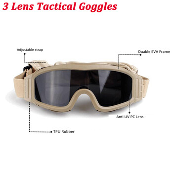 Tactical Goggles Military Airsoft Shooting Glasses Μαύρα 3 φακοί μοτοσυκλέτας αντιανεμικά γυαλιά ηλίου Wargame