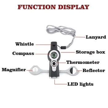 7 в 1 Свирка за оцеляване на открито Аварийни инструменти Къмпинг Туризъм Спасяване Аварийна силна свирка Компас Термометър Лупа