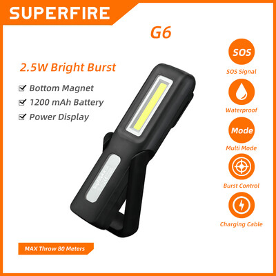 SUPERFIRE G6 Нов LED фенер + COB Light Band Магнитна кола Ремонт на къмпинг Работна нощ USB акумулаторна мощна светлина