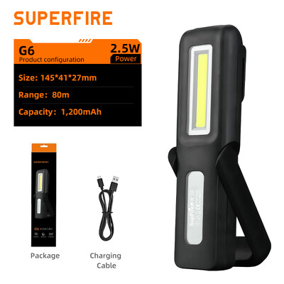 SUPERFIRE G6 Νέος φακός LED + Μαγνητικός ιμάντας φωτός COB Επισκευή αυτοκινήτου Κάμπινγκ Εργασία νύχτας USB Επαναφορτιζόμενο ισχυρό φως