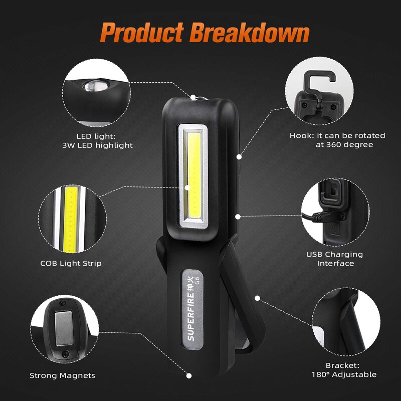 SUPERFIRE G6 Νέος φακός LED + Μαγνητικός ιμάντας φωτός COB Επισκευή αυτοκινήτου Κάμπινγκ Εργασία νύχτας USB Επαναφορτιζόμενο ισχυρό φως
