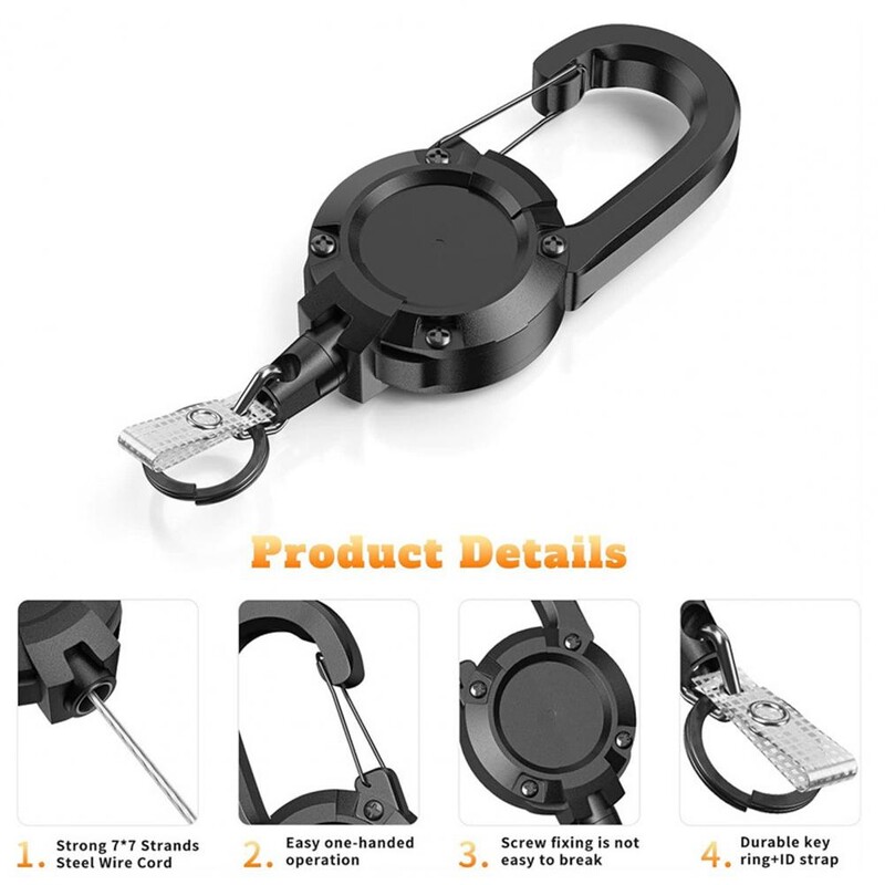 Zaťahovacia karabína na kľúčenku, odolná karabína na kľúčenku s oceľovým lanom, ľahká prenosná identifikačná karta pre ťažké...