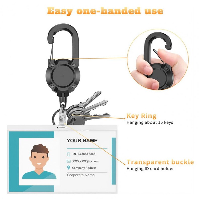 Zaťahovacia karabína na kľúčenku, odolná karabína na kľúčenku s oceľovým lanom, ľahká prenosná identifikačná karta pre ťažké...
