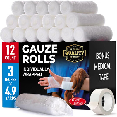 Premium Rolls Gauze 12-24 Pack 3-4" x 4,9yd Αναπνεύσιμη τυλιγμένη γάζα τυλιγμένη μπόνους ταινία Πρώτων βοηθειών Συμμορφούμενη με περιτύλιγμα γάζας