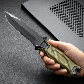 Νέο Εξωτερικό Tactical Sawtooth Straight Knife, Φορητό EDC Camping Survival Knife, 440C Steel Self-Defense Survival Rescue Knife