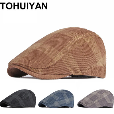 TOHUIYAN Corduroy Newsboy Kepuraitės Vyrai Plaid Boina Hombre Cabbie Skrybėlė Rudeninė Gorras Planas Beretė Kepurės Britanijos plokščia kepuraitė moterims