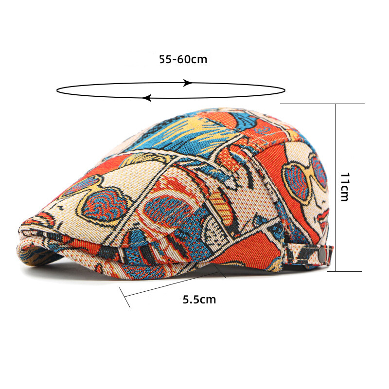 Ženska pamučna beretka s izvezenim grafitima 55-60 cm, modna beretka za sve sezone
