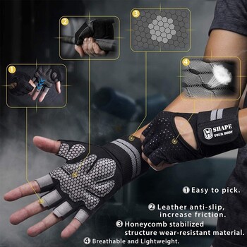 WorthWhile Half Finger Gym Fitness Gloves with Wrist Wrap Support for Men Women Crossfit Workout Мощно оборудване за вдигане на тежести