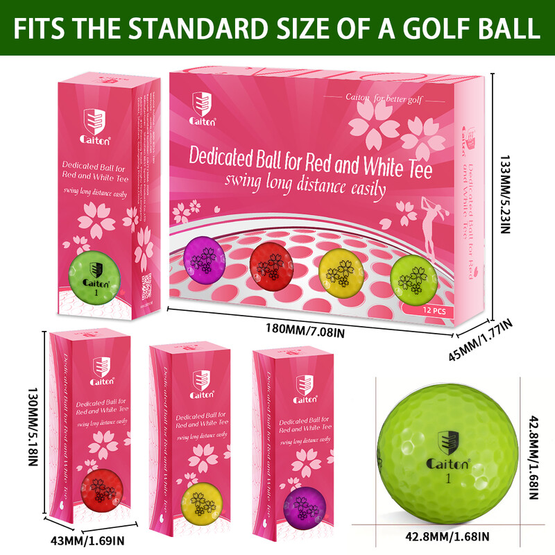 Caiton 12 vnt spalvotų golfo kamuoliukų, daugiasluoksnis dizainas, padidintas skrydžio atstumas, sukimosi valdymas, didelis siūbavimo greitis, patvarus dangtelis.