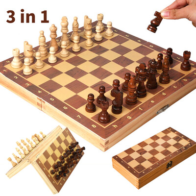 Set de șah pliabil din lemn 3 în 1 table de table pentru dezvoltare a gândirii strategice 29x29cm Tabla de șah pentru copii adulți