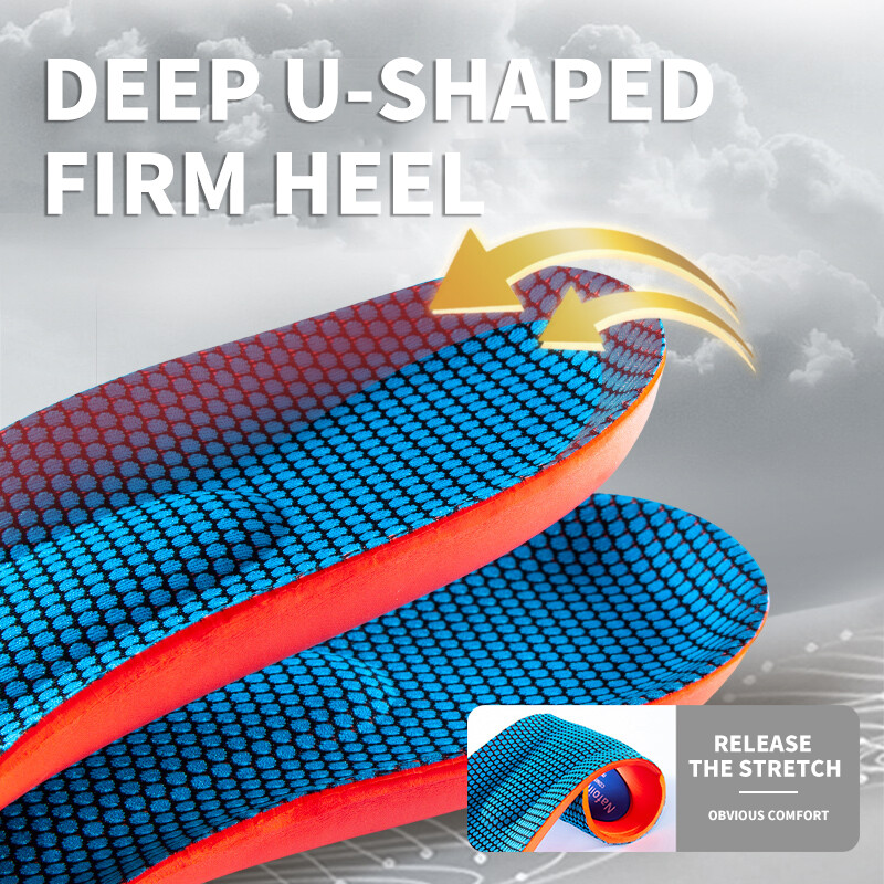 Rendkívül elasztikus, ütéselnyelő sporttalpbetétek ívben támogatják az ortopéd talpbetéteket férfiaknak és nőknek, hogy enyhítsék a láb fáradását.