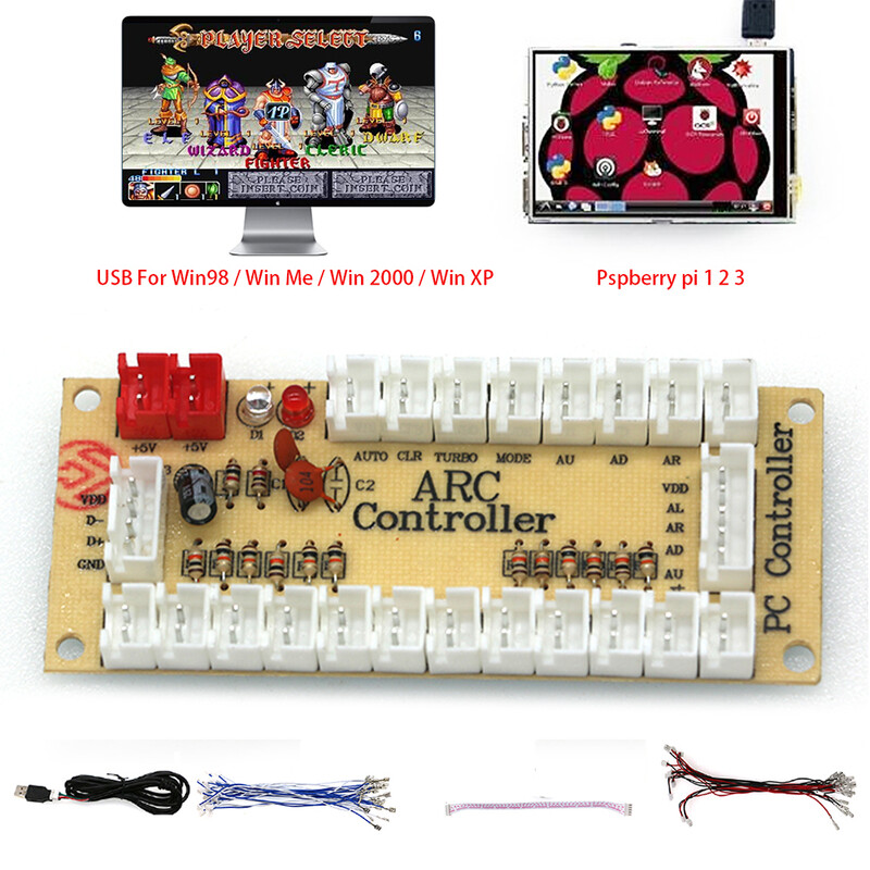 Kompiuterio Raspberry Pi USB Zero Delay Encoder Grandinės plokštės „Pasidaryk pats“ rinkinys, LED mygtuko vairasvirtė 2,8 4,8 mm 5 kontaktų kabelio arkadinių žaidimų projektai