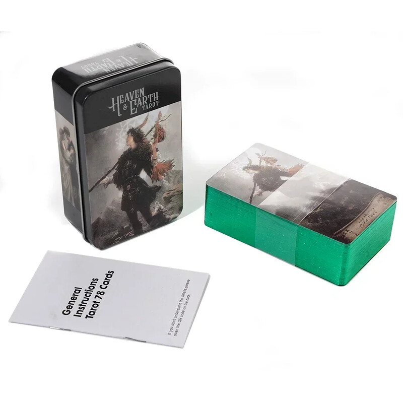 Debesu un zemes Tarot skārda metāla kastē Augstas kvalitātes 78 kartītes ar apzeltītu malu ar papīra ceļvedi, pamatojoties uz klasisko jātnieku Taro