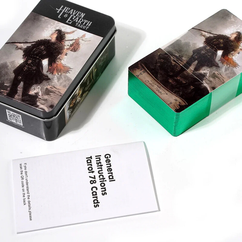 Debesu un zemes Tarot skārda metāla kastē Augstas kvalitātes 78 kartītes ar apzeltītu malu ar papīra ceļvedi, pamatojoties uz klasisko jātnieku Taro