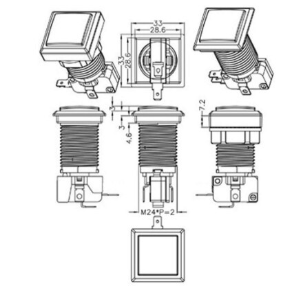 12V LED štvorcové tlačidlo, podsvietené tlačidlo, tlačidlo s okamžitým stlačením, výrobná cena, 33*33 mm