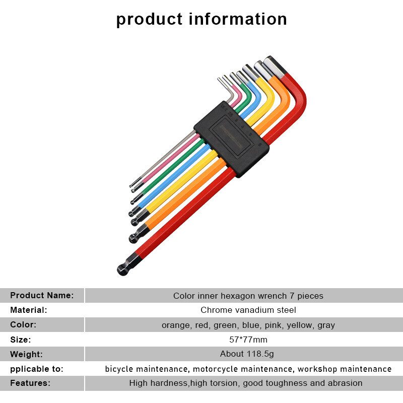 7 ks/sada prenosných kľúčov na bicykel, núdzový opravný nástroj, farebný šesťhranný ohnutý kľúč s plochým guľôčkovým otvorom 1,5/2/2,5/3/4/5/6 mm