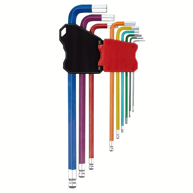 9-dielna súprava dlhých imbusových kľúčov, metrických a štandardných. Sada imbusových kľúčov. Imbusový kľúč s guľovou hlavou, metrický, 1,5 až 10 mm.