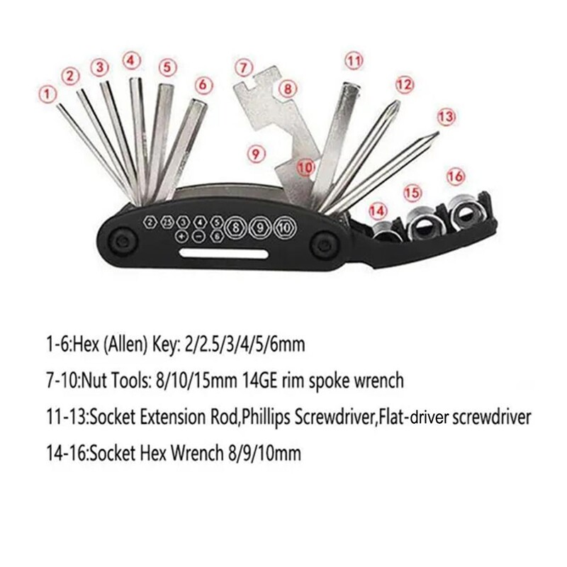 16-u-1 višenamjenski alat za bicikle šesterokutni odvijač nasadni ključ prijenosni sklopivi višenamjenski alat za vlasnike bicikala