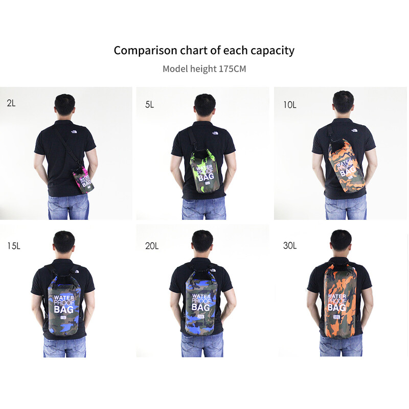 PVC kamufliažinė vandeniui atspari kuprinė, nešiojama lauko sportinė raftingo krepšys River Tracing plaukimo kibiras, sausas krepšys 2L 5L 10L 15L 20L 30L