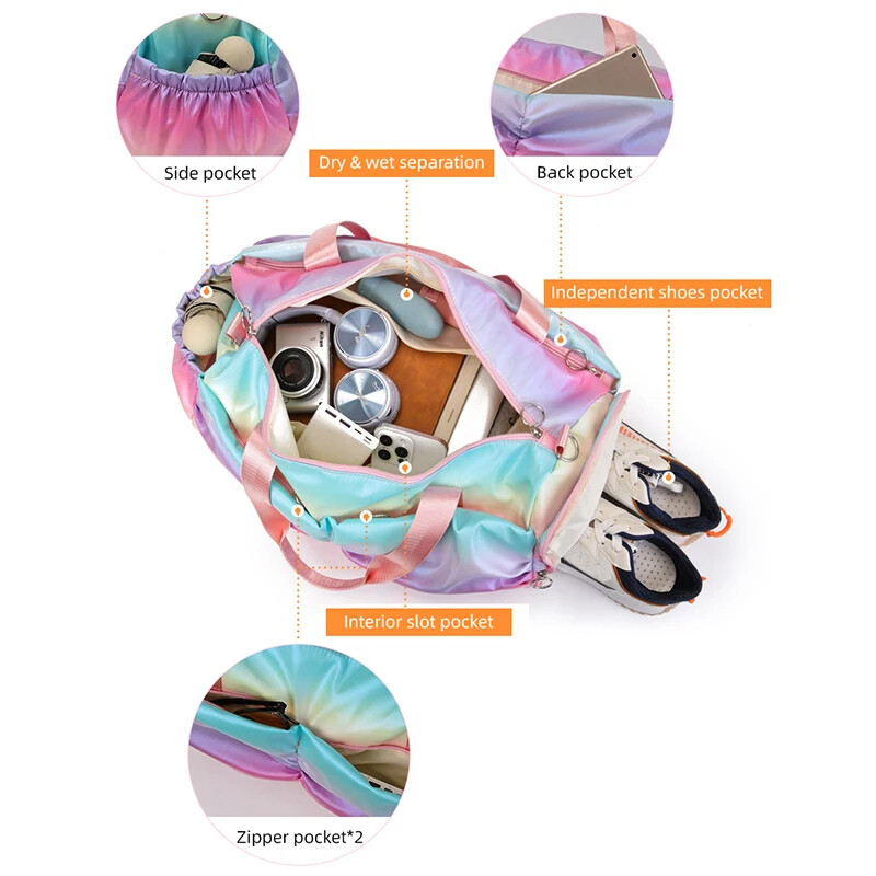 Šarena dugina torba za teretanu Ženske ručne torbe Putovanje Fitnes Sport Djevojke Duffel Joga Cipele Torba za rame Vodootporna Suha Mokra Džep