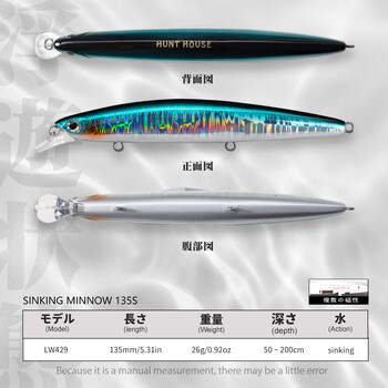 Hunthouse Jetty 135S Sinking Minnow Fishing Lures 135MM/26G ταλαντευόμενο δόλωμα Artificial Long Cast Hard Lure For Seabass Pesca LW429