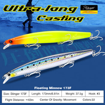 TSURINOYA 173F Ultra-long Casting Floating Minnow 173mm 6,81 ιντσών 37,5g Δέλεαρ αλιείας θαλασσινού νερού STINGER Τεχνητά μεγάλα σκληρά δολώματα