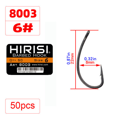 Hirisi 50ks povlakované vysoko uhlíkové nehrdzavejúce oceľové rybárske háčiky s ostňami na kapry v originálnej maloobchodnej krabici 8003