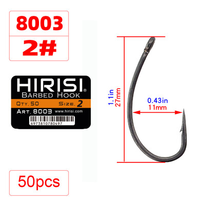 Hirisi 50ks povlakované vysoko uhlíkové nehrdzavejúce oceľové rybárske háčiky s ostňami na kapry v originálnej maloobchodnej krabici 8003
