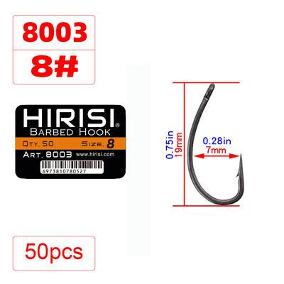 Hirisi 50ks povlakované vysoko uhlíkové nehrdzavejúce oceľové rybárske háčiky s ostňami na kapry v originálnej maloobchodnej krabici 8003