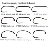 Eupheng 50ks súťažné bezprotihrotové muškárske háčiky na viazanie materiálov na suché nymfy, krevety, mokré chrostíky, čierny nikel