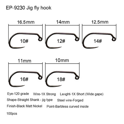 Eupheng 50ks súťažné bezprotihrotové muškárske háčiky na viazanie materiálov na suché nymfy, krevety, mokré chrostíky, čierny nikel