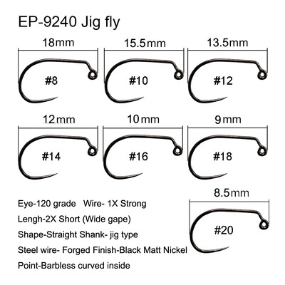 Eupheng 50ks súťažné bezprotihrotové muškárske háčiky na viazanie materiálov na suché nymfy, krevety, mokré chrostíky, čierny nikel