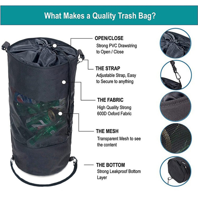 Kaasaskantav paadi prügikast põhjaga kokkupandava korduvkasutatava nööriga suletava prügikott jahi kajaki seljakotimatkamiseks