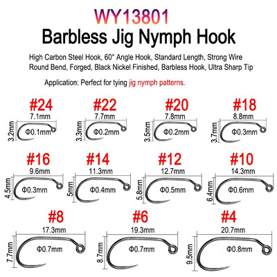Vampfly 50 buc/pachet Cârlig de legare a muștelor pentru pescuit cu ghimpat și fără ghimpate Nimfe Pupa Ouă Mușcă uscată Mușcă umedă Cârlig unghi de 60° Jig Nimfă