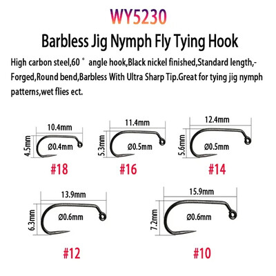 Vampfly 50 buc/pachet Cârlig de legare a muștelor pentru pescuit cu ghimpat și fără ghimpate Nimfe Pupa Ouă Mușcă uscată Mușcă umedă Cârlig unghi de 60° Jig Nimfă